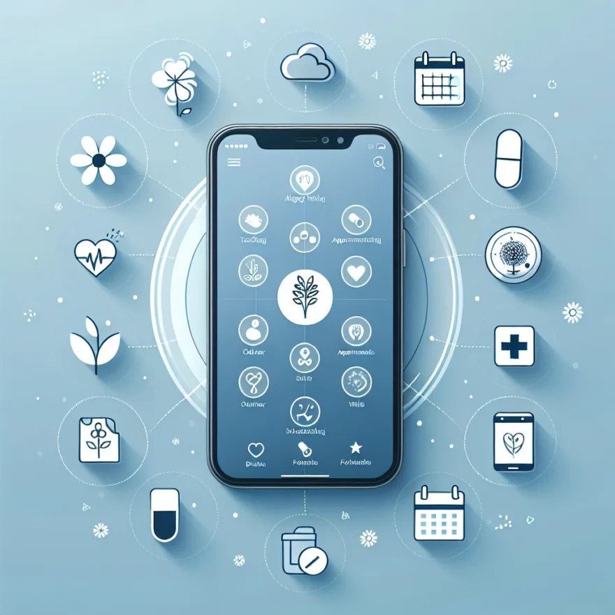 Manage Your Allergies with These Essential Apps Illustration of a smartphone displaying various health apps, surrounded by icons of pollen, a calendar, a weather forecast, and a digital pill reminder, all set against a soft blue background.