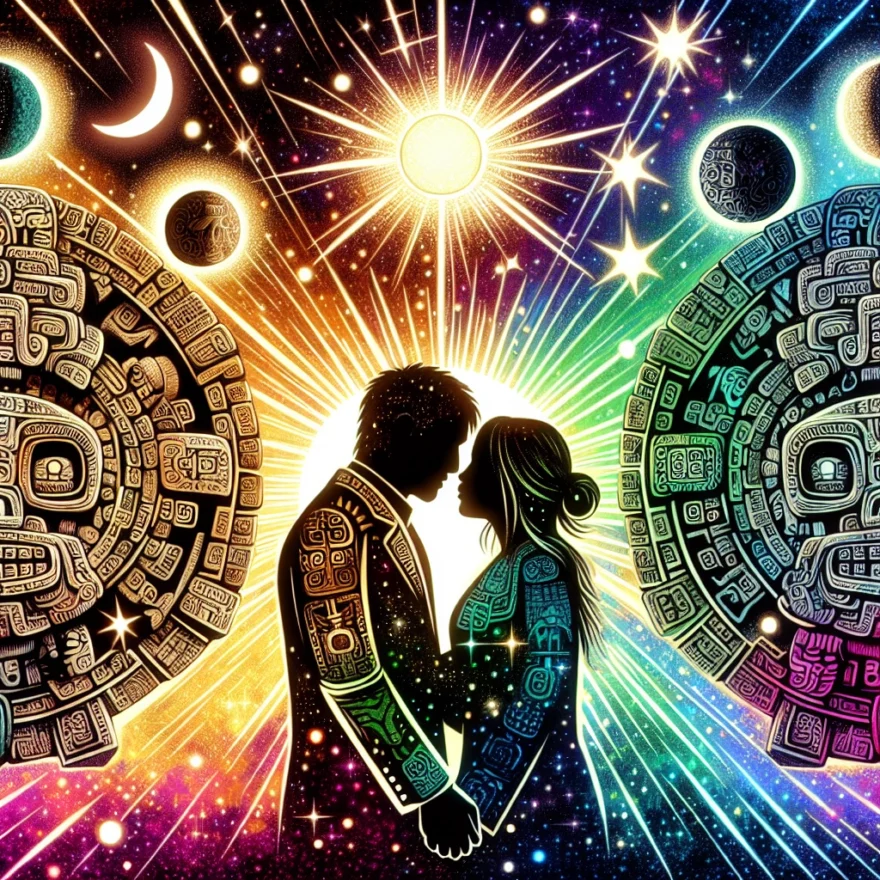 Illustration of two Mayan calendar stones, surrounded by celestial bodies. Below, a couple is shown, their hands intertwined, symbols of their birth dates glowing above their heads.