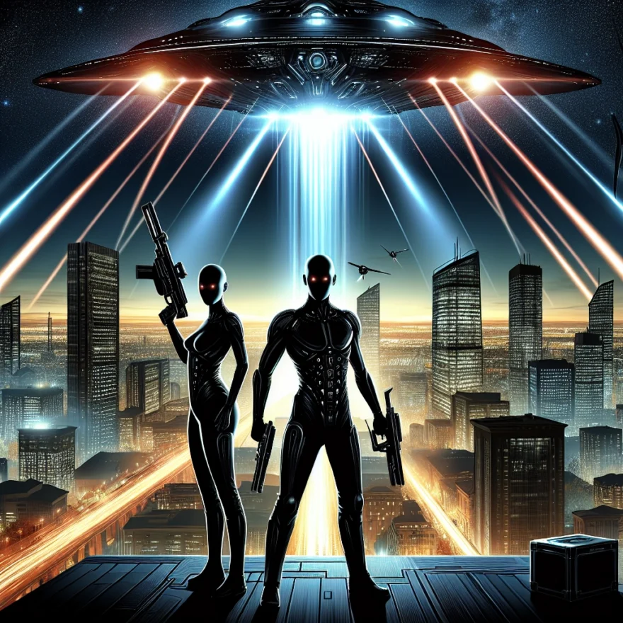 Men in Black: Government Agents or Paranormal Enforcers? Illustration of two silhouette figures clad in black suits, brandishing futuristic weapons, against a backdrop of a cityscape, with a hovering UFO emitting beams of light.