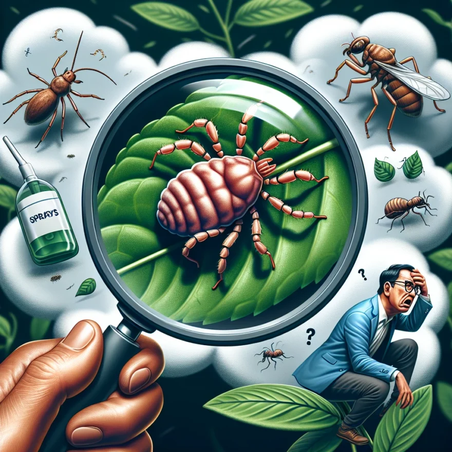 Mite Mayhem: Controlling Mite Infestations Illustration of a magnified mite on a leaf, a disgruntled homeowner with a magnifying glass, and various natural mite control methods such as predatory insects and organic sprays.