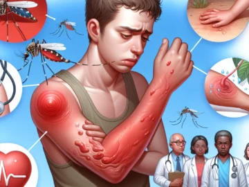 Illustration of a swollen arm with a red mosquito bite, a distressed individual, various allergy symptoms, a mosquito, and medical professionals providing treatment.