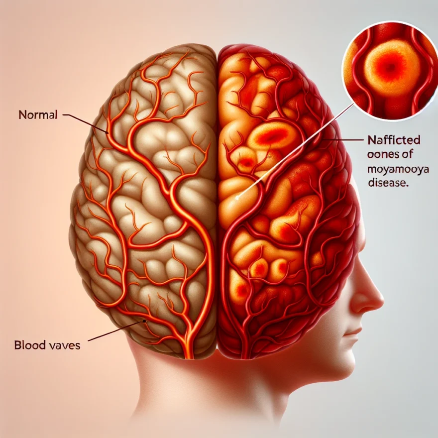 Illustration of a human brain depicting the narrowed blood vessels, characteristic of Moyamoya disease, with contrasting healthy and affected areas highlighted in different colors.