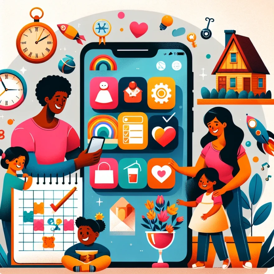 Illustration of a smartphone displaying various app icons, surrounded by playful family elements like a calendar, clock, and checklist. Parents and children engage in activities, creating a lively scene.