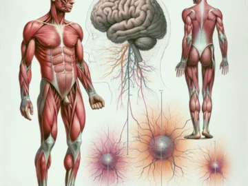 Illustration of a human figure showcasing various muscles affected by Myasthenia Gravis, including facial, arm, and leg muscles, with a faded backdrop of a brain and neurons.
