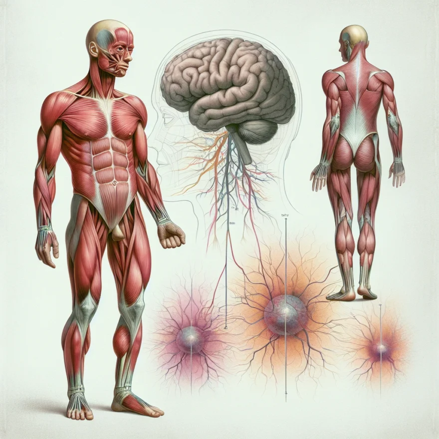 Illustration of a human figure showcasing various muscles affected by Myasthenia Gravis, including facial, arm, and leg muscles, with a faded backdrop of a brain and neurons.