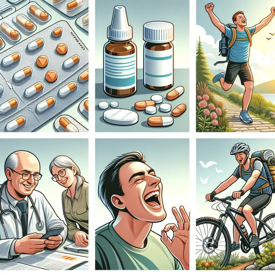 Illustration of various types of non-drowsy antihistamines in pill and liquid form, a person happily engaging in outdoor activities, and smaller images showing potential side effects.