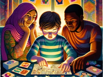 Illustration of a young boy with autism, engrossed in a puzzle, surrounded by supportive family members. Tools for communication like sign language and picture cards are also depicted.