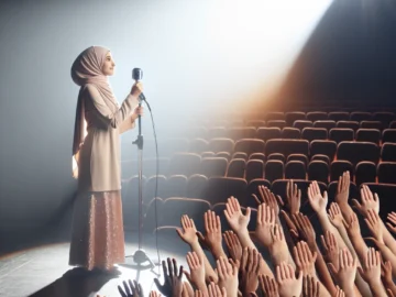 Illustration of a young woman standing on a stage under a spotlight, holding a microphone, with supportive hands reaching up from the audience, symbolizing community support.