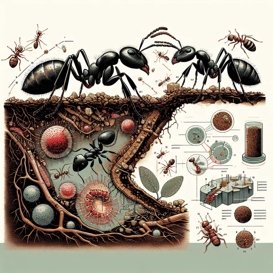Pavement Ants: Identification, Behavior, and Control Illustration of pavement ants in natural habitat, showcasing their unique physical traits. Also depicts their colony structure underground, and various control methods being implemented.