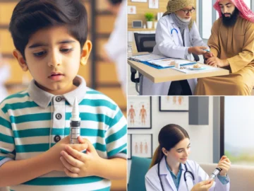 Illustration of a child experiencing allergic reactions like skin rashes and difficulty in breathing, a doctor diagnosing the condition, and a parent safely managing the allergy with an EpiPen.