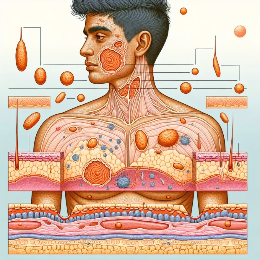 Pemphigus Vulgaris: A Rare Autoimmune Disease of the Skin Illustration of a human figure with highlighted skin layers, showing blister formation. Various immune cells and antibodies are depicted attacking the skin cells, symbolizing Pemphigus Vulgaris.