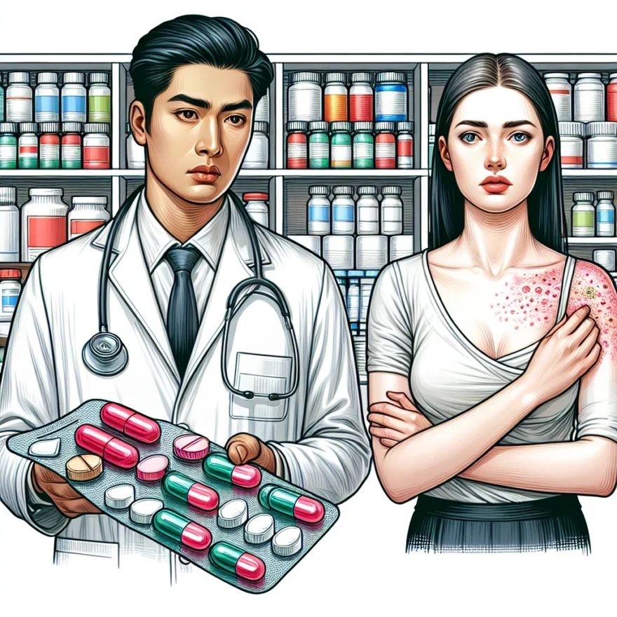 Illustration of a doctor holding a large penicillin pill, a distressed patient with a rash, and a variety of alternative antibiotics displayed prominently.
