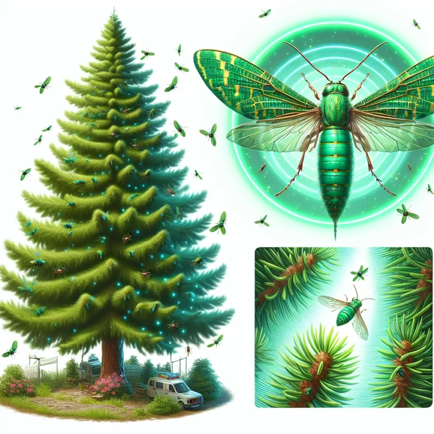 Pine Sawfly: How to Protect Your Pine Trees from This Pest Illustration of a vibrant pine tree under attack by small, green sawflies. A magnified sawfly appears alongside, showcasing its intricate details. A protective barrier surrounds the tree, symbolizing protection measures.