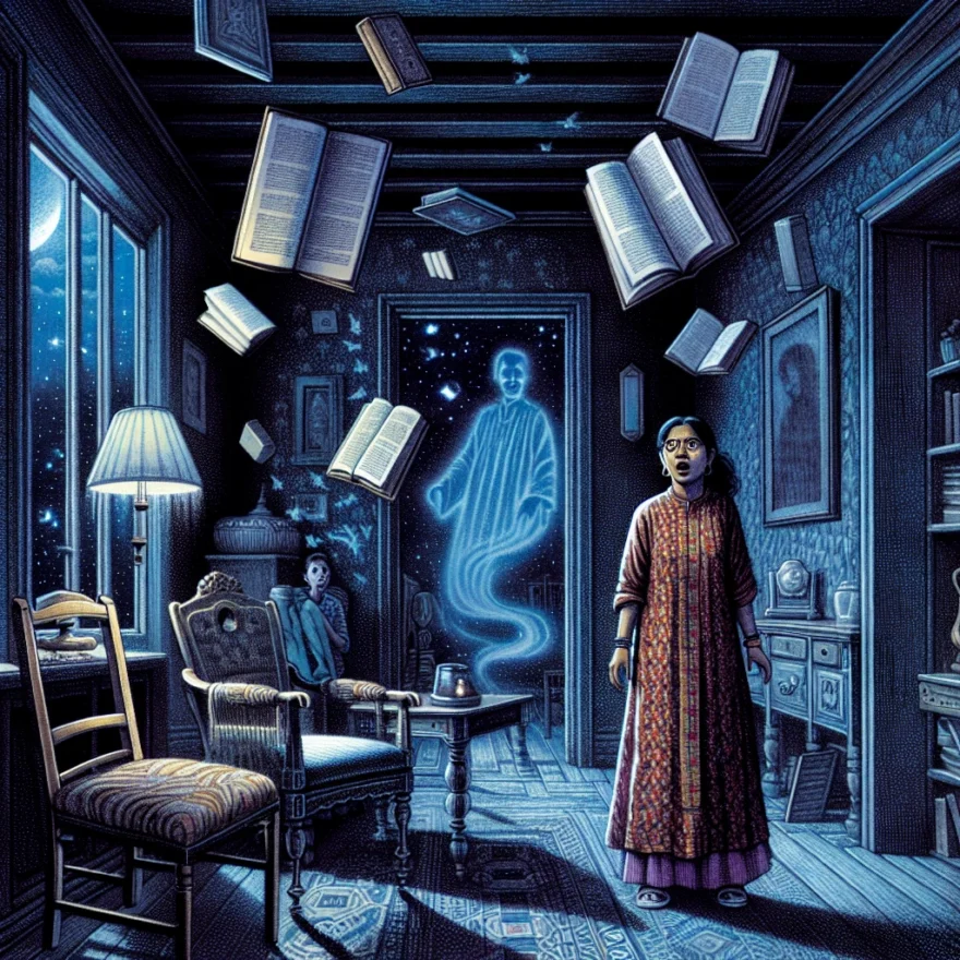 Poltergeist Activity: Noisy Ghosts or Psychic Phenomena? Illustration of a dimly lit room with floating objects, a shadowy figure, and a terrified individual, depicting a scene of poltergeist activity or psychic phenomena.