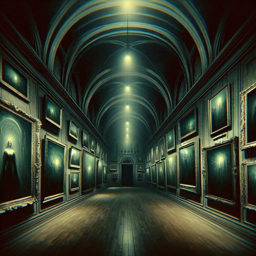 Illustration of eerie, dimly lit gallery with walls adorned by hauntingly beautiful paintings, each seeming to possess a life of its own, exuding a chilling, mysterious aura.