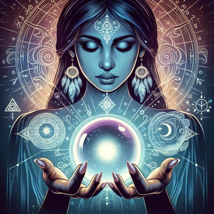 Illustration of a serene woman with her eyes closed, her hands gently cradling a glowing crystal ball, surrounded by mystical symbols and ethereal light, symbolizing psychic abilities.