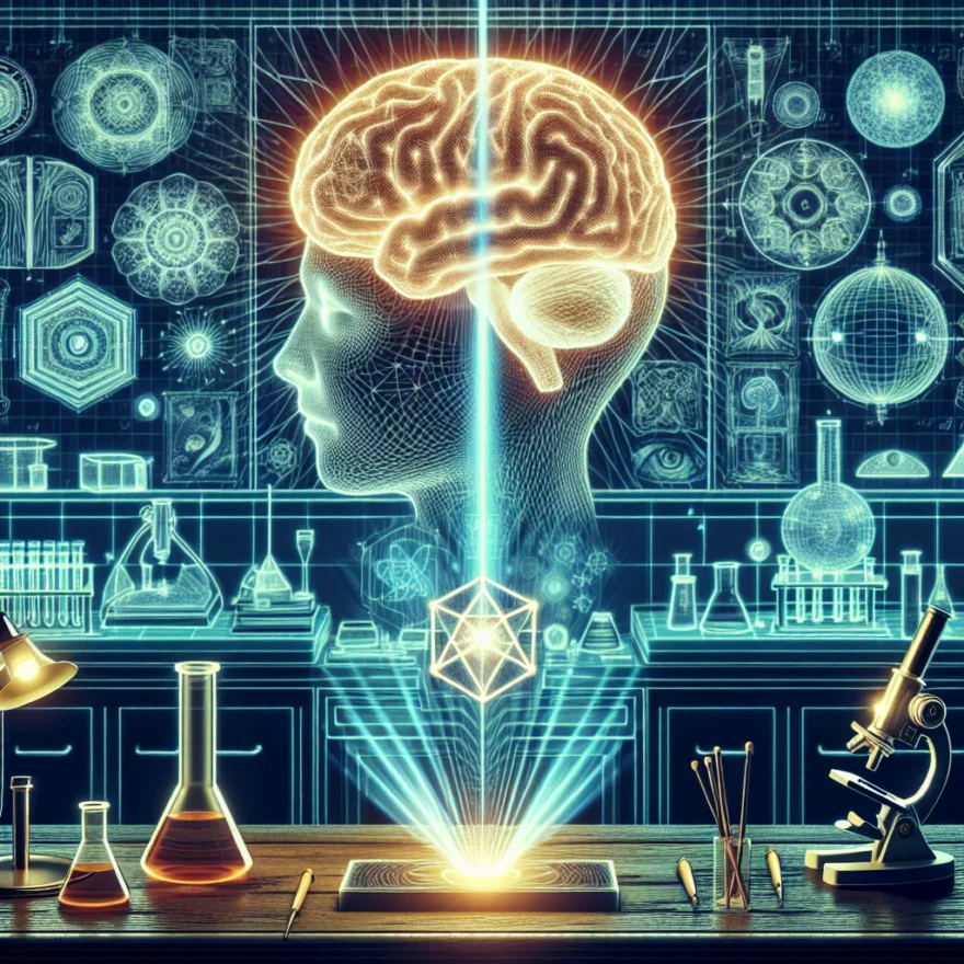 Psychokinesis Experiments: Mind Over Matter Illustration of a human brain emitting vibrant waves towards a floating object, signifying the power of mind manipulation. The background is a laboratory setting with various scientific apparatus.