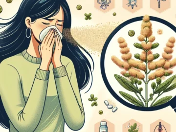 Illustration of a person sneezing amidst floating ragweed pollen, with a magnified view of the ragweed plant. Medical icons represent symptoms, causes and treatments around the individual.