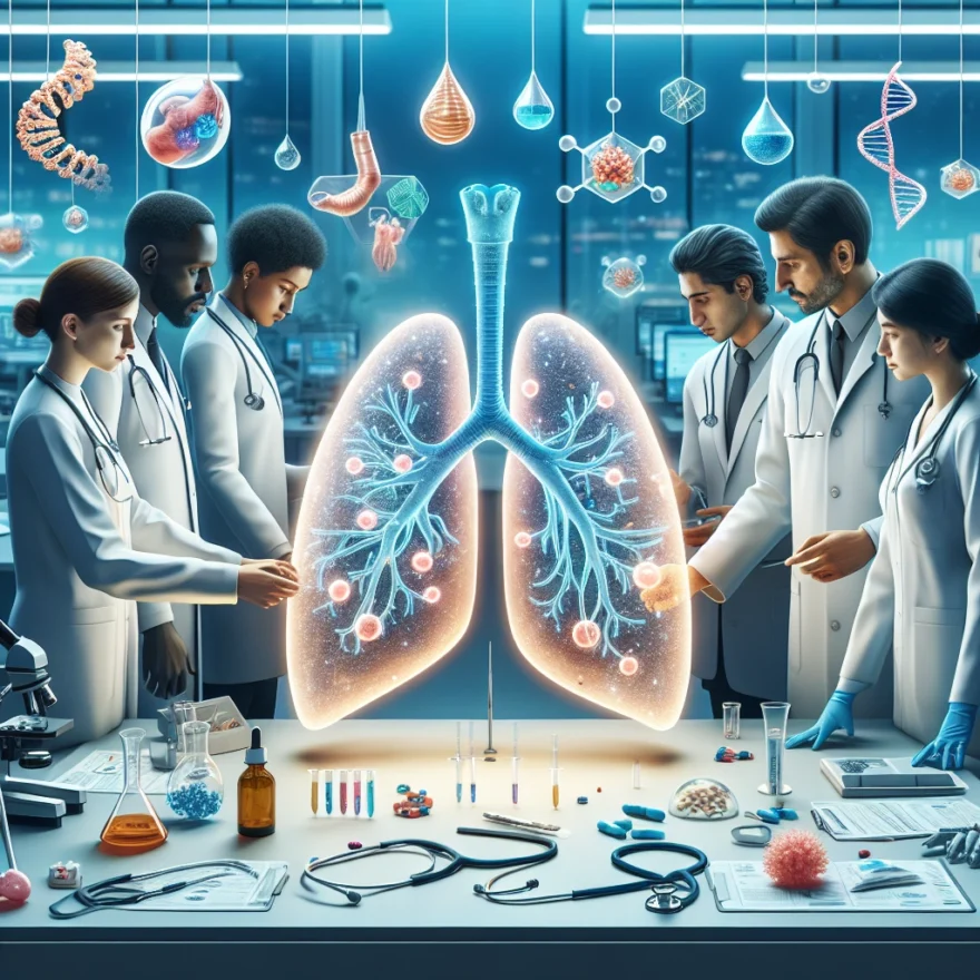 Illustration of a group of diverse doctors examining a large, glowing lung model, with medical equipment and various innovative treatment symbols floating around, depicting progress in respiratory disease treatments.