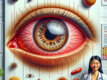 Illustration of a human eye displaying allergy symptoms, surrounded by common allergens like pollen and pet dander, with a doctor in the background suggesting various treatment options.