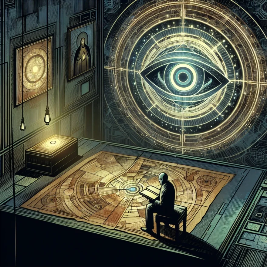 Remote Viewing: Psychic Spying or Coincidence? Illustration of a mysterious figure in a dark room, with an eye symbol floating above a map, symbolizing the concept of remote viewing or psychic spying.
