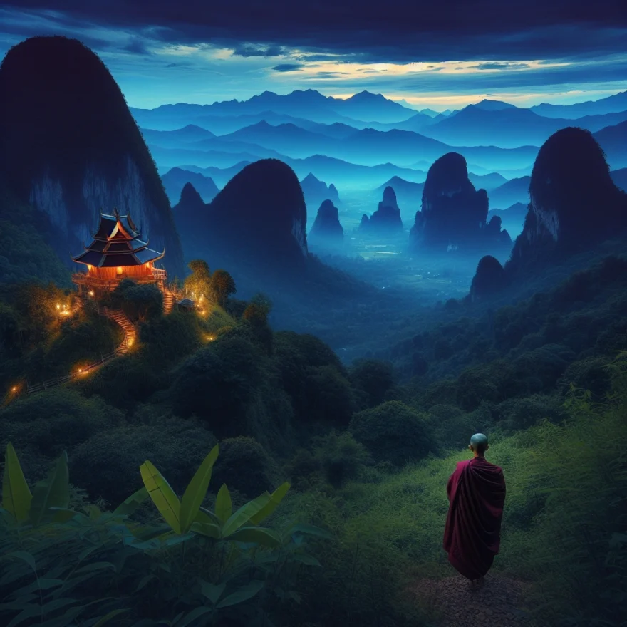 Sacred Site Pilgrimages: Spiritual Journeys to Power Places Illustration of a serene pilgrim journeying towards an ancient, mystical temple nestled in lush mountains under a twilight sky, symbolizing spiritual quests to sacred power places.