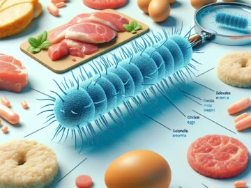 Salmonella enterica: A Common Foodborne Bacterium Illustration of microscopic Salmonella enterica bacteria, surrounded by common food sources like poultry and eggs, emphasizing the bacterium's role in foodborne illnesses.