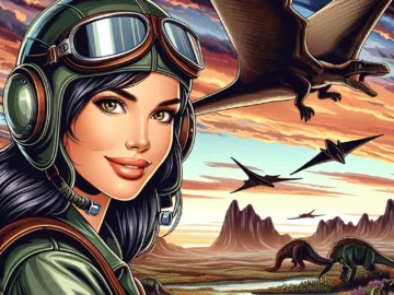 Illustration of Sandra Bullock in aviator gear, soaring on a pterosaur above a prehistoric landscape, with dinosaurs below and a sunset sky. Her expression is confident and adventurous.