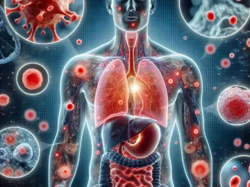 Illustration of a human body highlighting affected organs like lungs, skin, and eyes with red markers, surrounded by magnified inflammatory cells representing Sarcoidosis.