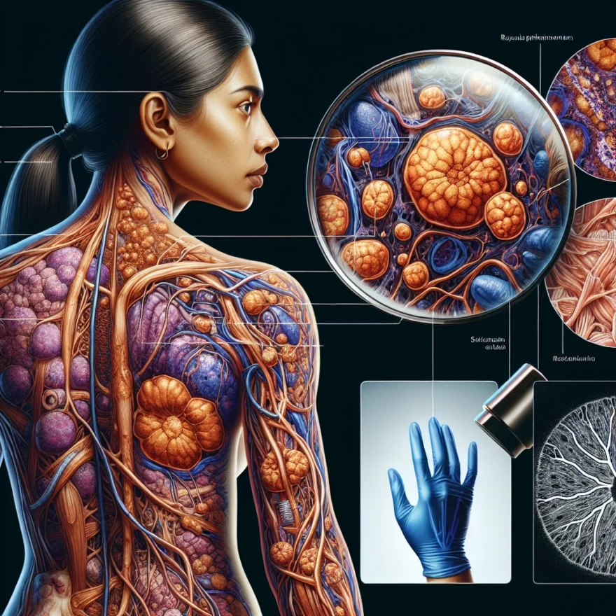 Illustration of a human figure with highlighted connective tissues, a magnified depiction of affected cells, and symbolic representations of common symptoms associated with Scleroderma.