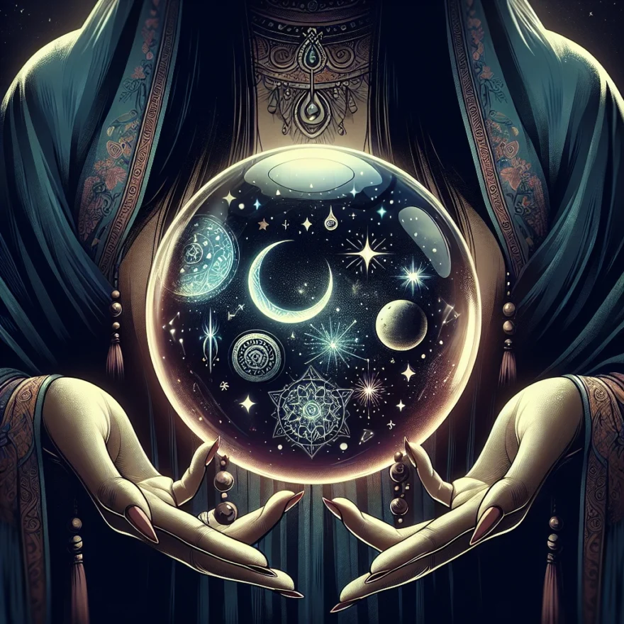 Scrying Sessions: Divination Through Crystal Gazing Illustration of a mystic's hands holding a gleaming crystal ball, with ethereal visions of stars, moons, and symbols reflecting within, set against a mysterious, dark background.