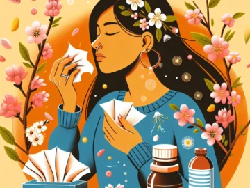 Illustration of a woman surrounded by spring flowers, tissues in hand, with pollen particles floating in the air, a medicine bottle, and a protective face mask nearby.
