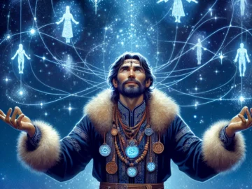 Illustration of a Siberian shaman, clad in traditional attire, under a starlit sky. His outstretched arms seem to connect with celestial bodies and ethereal cosmic spirits hovering above.