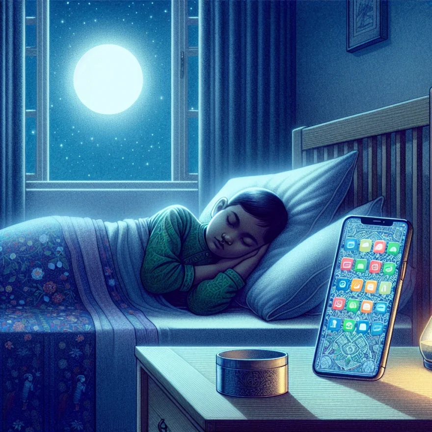 Simplify Bedtime Routine with These Helpful Apps Illustration of a cozy bedroom with a smartphone on a nightstand, displaying various app icons. A child is peacefully sleeping in bed, with soft moonlight streaming through the window.