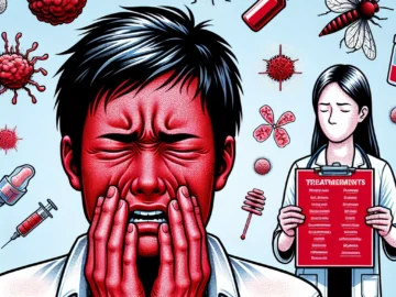 Illustration of a distressed individual with red, inflamed skin, various allergens floating in the background, and a doctor holding a chart detailing treatment options.