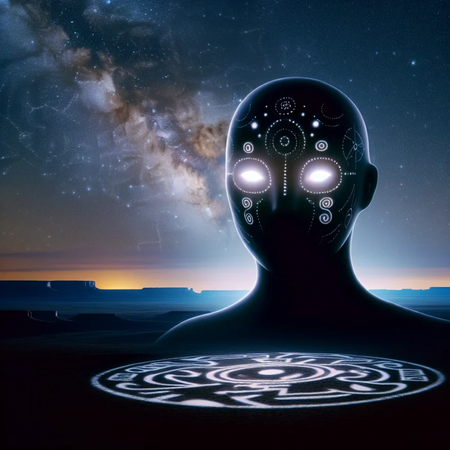Illustration of a shadowy, humanoid figure with glowing eyes, standing at the edge of a moonlit desert, with traditional Navajo symbols in the star-studded sky above.