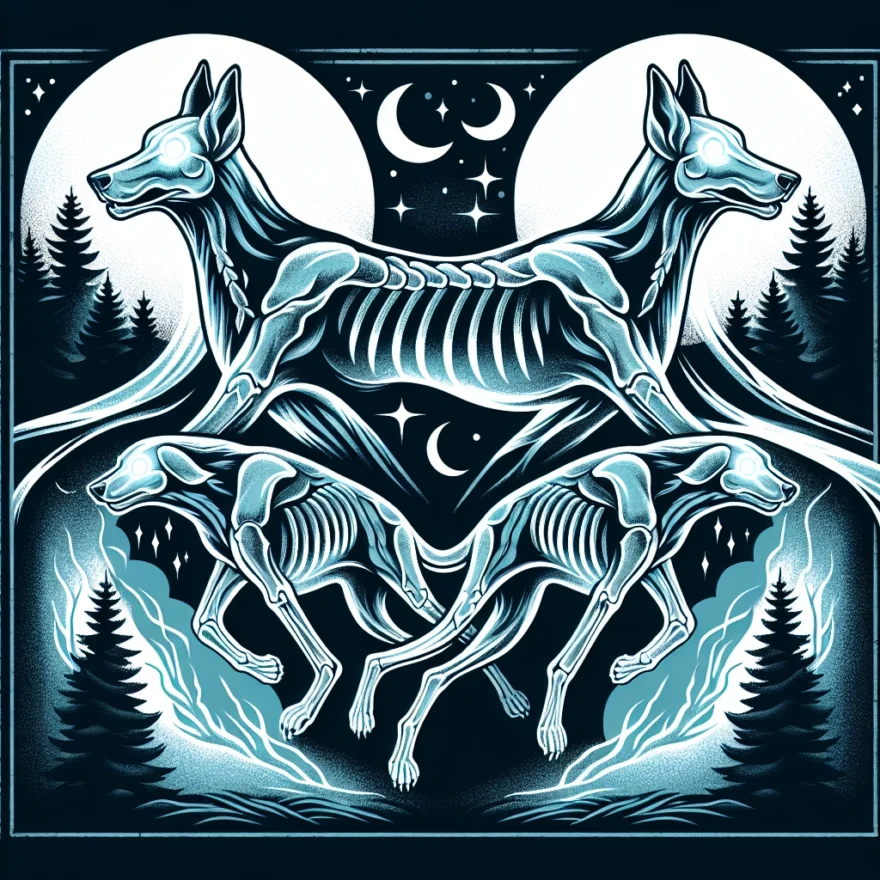 Spectral Hounds: Ghostly Canines in Folklore Illustration of ethereal, translucent hounds with glowing eyes, running through a moody, moonlit forest, their spectral forms intertwined with traditional folklore symbols and motifs.