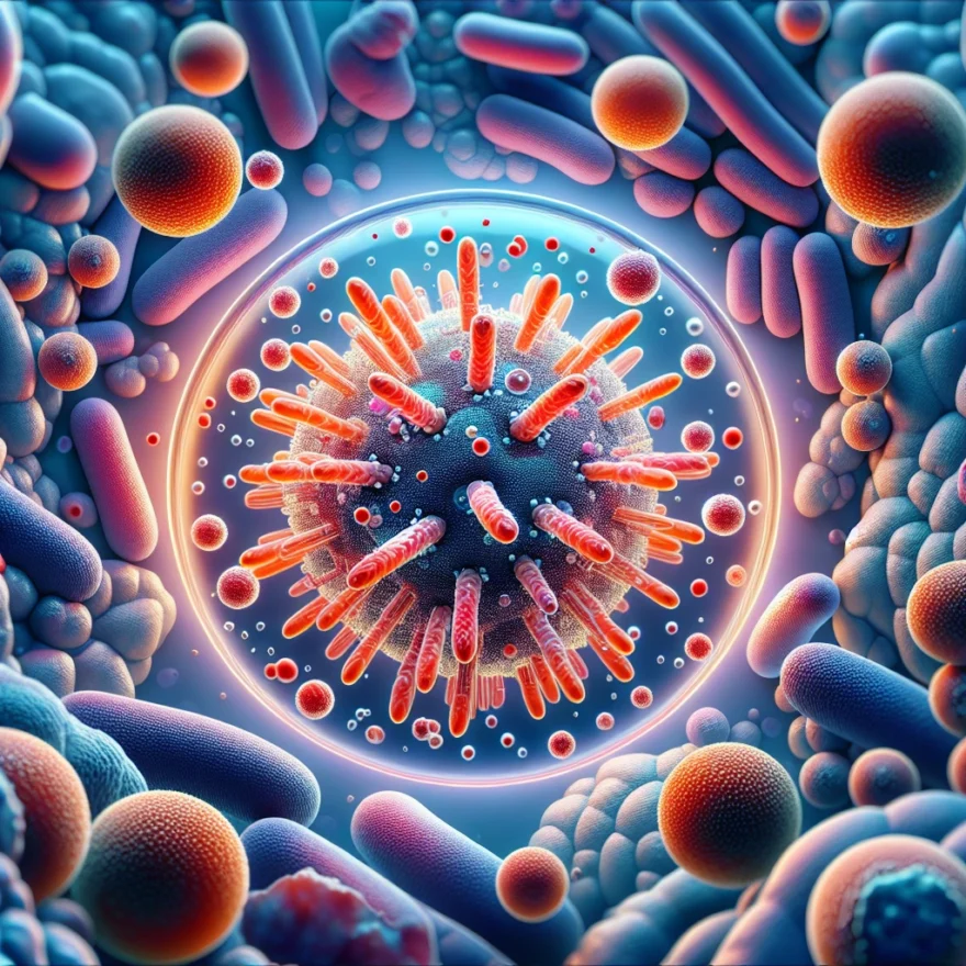 Illustration of microscopic Staphylococcus aureus bacteria in vibrant colors, surrounded by human cells, depicting the bacteria's notorious pathogenic nature.