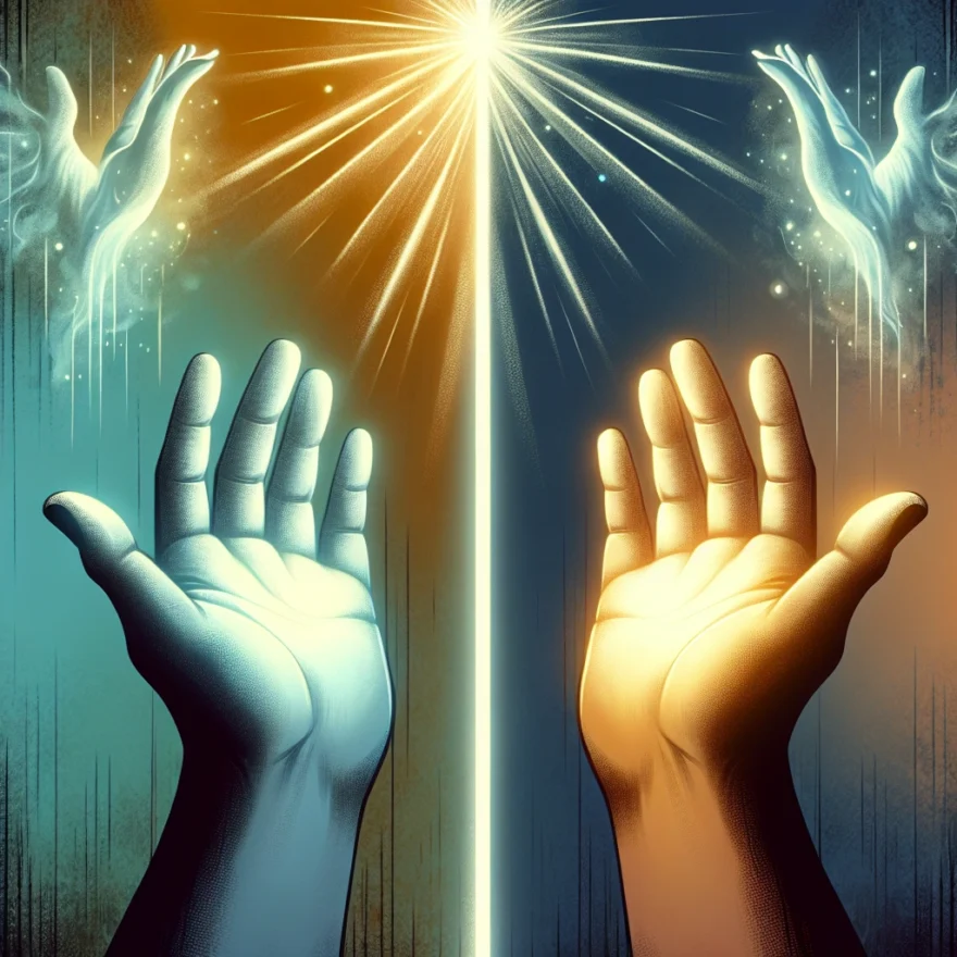 Illustration of a pair of hands, palms up, showcasing radiant wounds. Background features a spectrum between divine light and shadowy skepticism, symbolizing the debate between miracles and hoaxes.