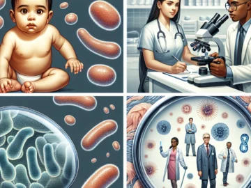 Illustration of Streptococcus agalactiae bacteria, a newborn infected with the bacteria, healthcare professionals providing treatment, and a magnified view of the bacteria invading body cells.