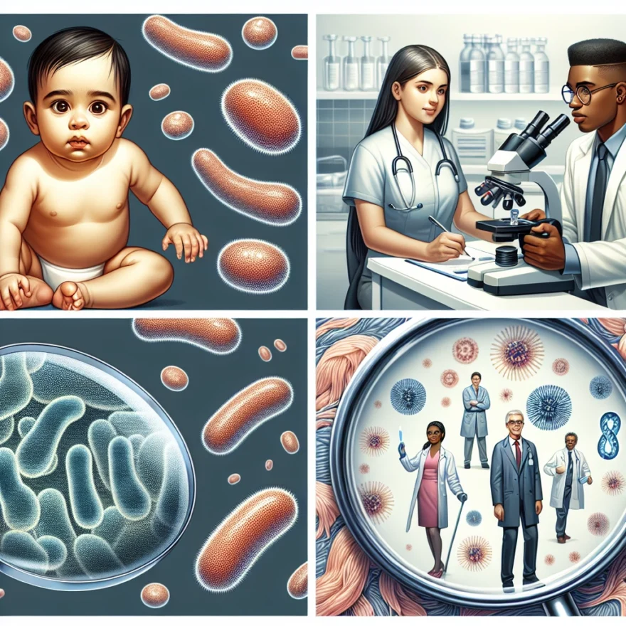 Streptococcus agalactiae: A Leading Cause of Neonatal Infections Illustration of Streptococcus agalactiae bacteria, a newborn infected with the bacteria, healthcare professionals providing treatment, and a magnified view of the bacteria invading body cells.