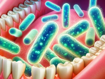 Illustration of Streptococcus mitis bacteria in a vibrant, magnified view, surrounded by tooth and gum structures, indicating its habitat within the oral cavity.