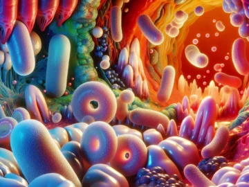 Illustration of Streptococcus salivarius bacteria in a colorful, abstract oral environment, highlighting their symbiotic relationship with the human mouth.