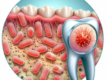 Illustration of Streptococcus sanguinis bacteria adhering to a tooth, forming the initial layer of dental plaque, with a microscopic view of the bacteria in the background.