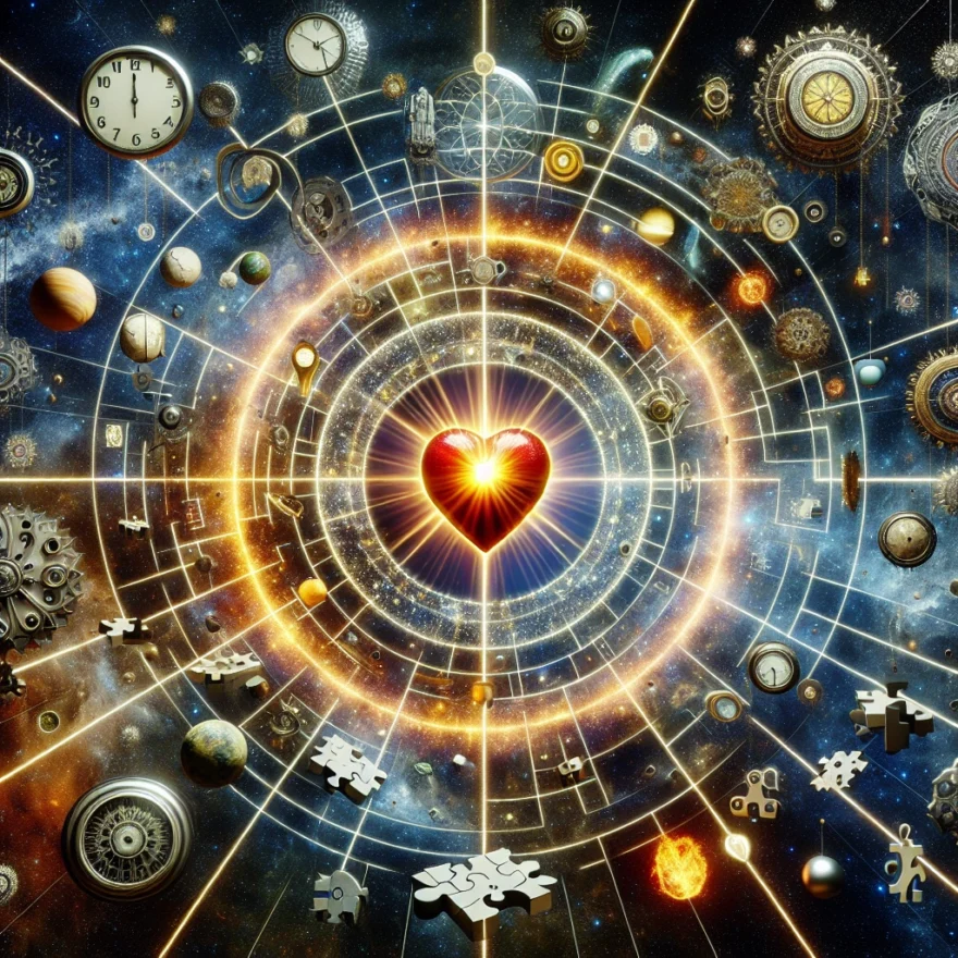 Illustration of intertwined paths leading to a vibrant heart, with various symbolic elements like clocks, stars, and puzzle pieces floating around, showcasing the mystery of synchronicity events.