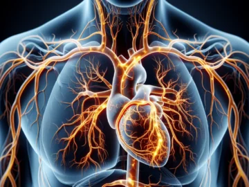 Illustration of a human body with highlighted arteries, specifically focusing on the aorta and its branches. Visual representation of inflammation indicates Takayasu Arteritis.