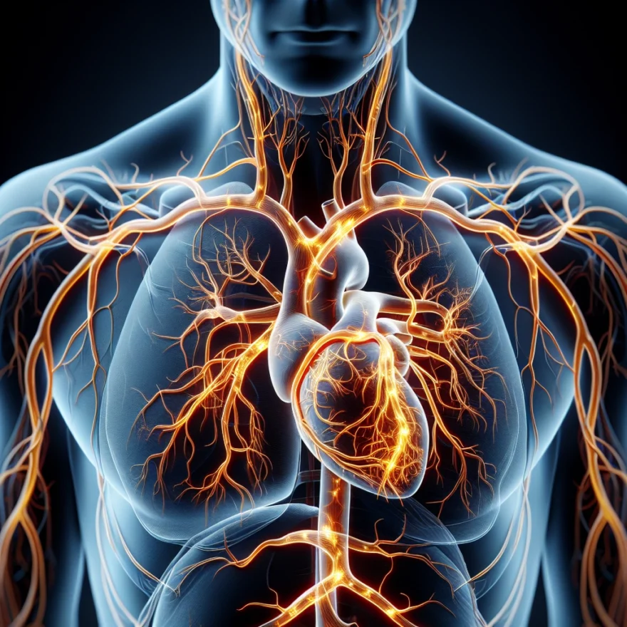 Illustration of a human body with highlighted arteries, specifically focusing on the aorta and its branches. Visual representation of inflammation indicates Takayasu Arteritis.