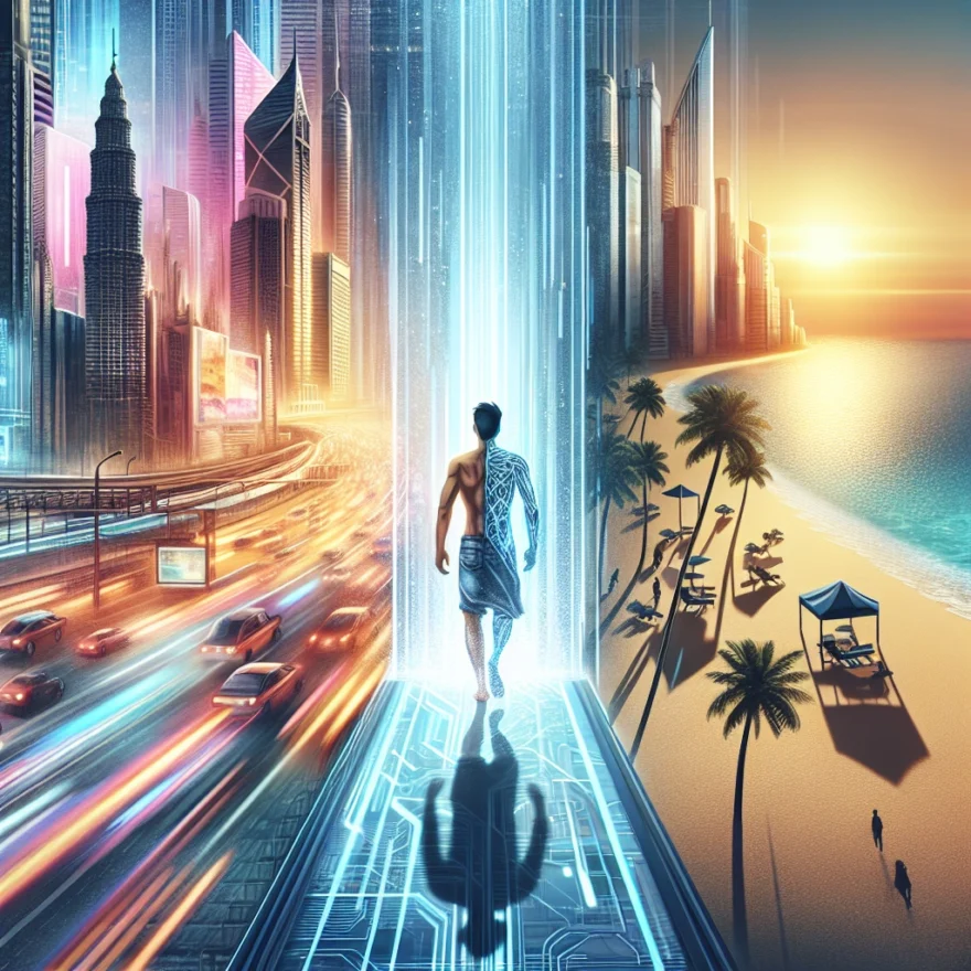 Teleportation Incidents: Instantaneous Travel Illustration of a man stepping into a futuristic portal, his form blurring as he transitions from a bustling cityscape to a tranquil beach, symbolizing instantaneous travel.
