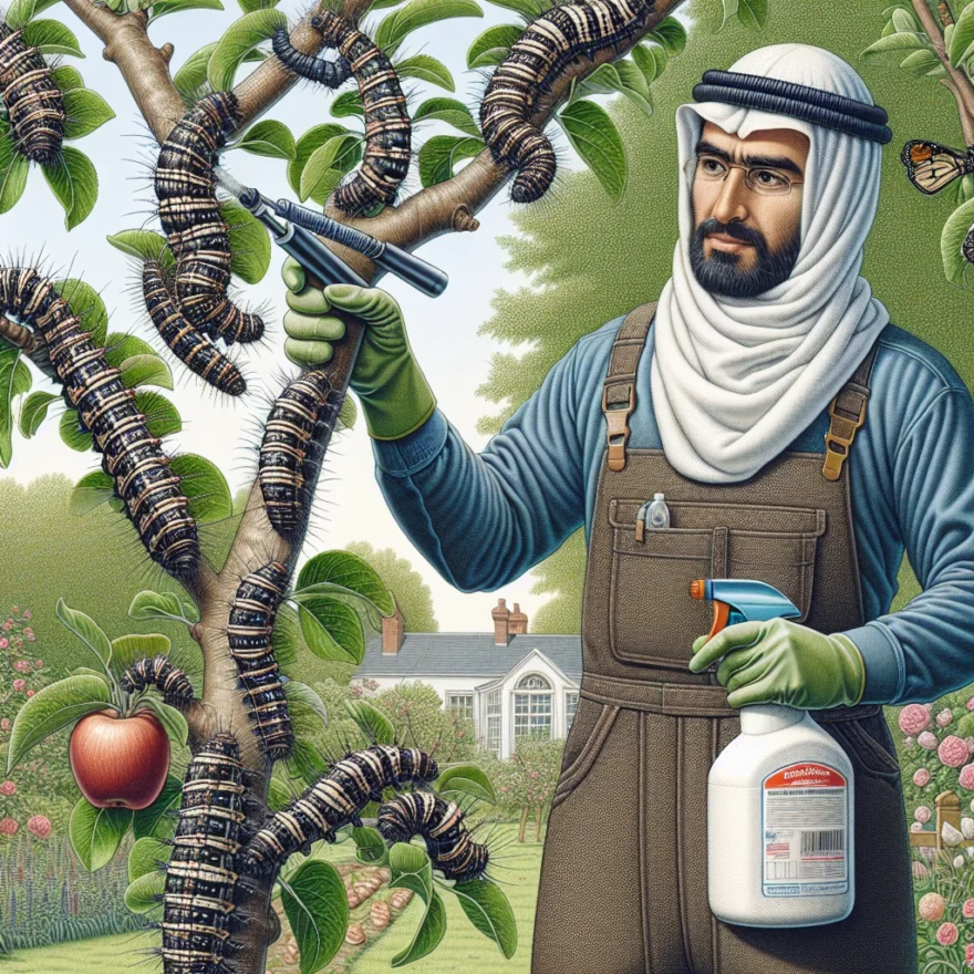 Illustration of a gardener in protective gear, holding a spray bottle aimed at a tree infested with tent caterpillars. Various stages of larvae development are depicted in detail.