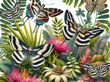 Illustration of vibrant African Zebra Skipper butterflies fluttering around exotic flora, showcasing their agile movements and unique patterns in a beautifully detailed, natural environment.
